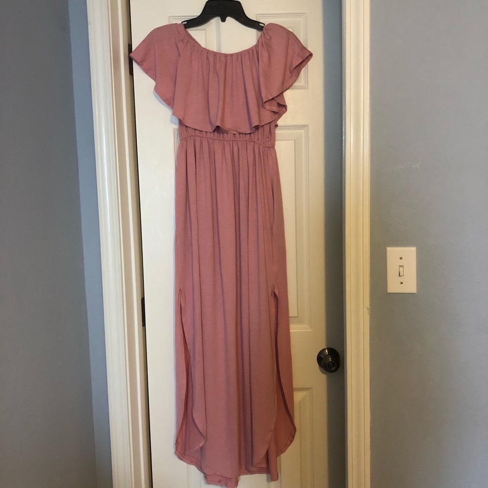 Long pink strapless maxi dress